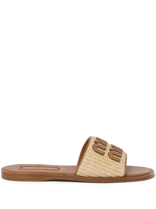 IMG_7946.webp Miu Miu Raffia-effect woven Beig slides - Image 1