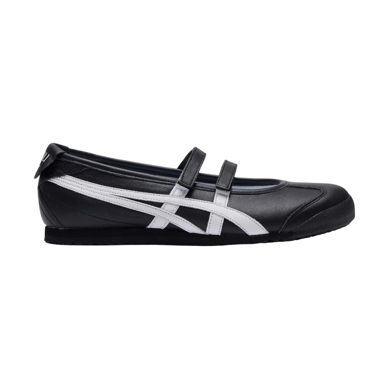 1183C379_002_SR_RT_GLB Onitsuka Tiger Mexico 66 Ballerina shoes feature a black leather upper with white side stripes and dual velcro strap closures - Image 1