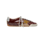 Golden Goose True-Star sneakers featuring a shiny burgundy naplak leather upper and a contrasting yellow suede star