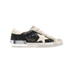Golden Goose Super-Star sneakers feature black glitter uppers with a contrasting silver heel tab