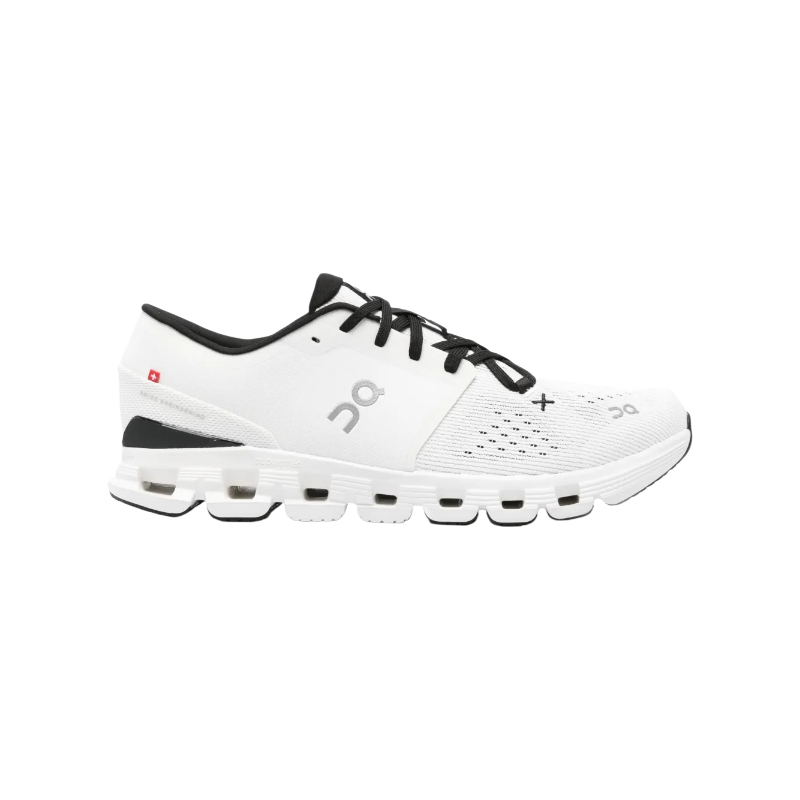 24154112_54471428_1000 On Men's Cloud X 4 running shoes in white/black, featuring a distinctive CloudTec® sole and knitted mesh construction. - Image 1