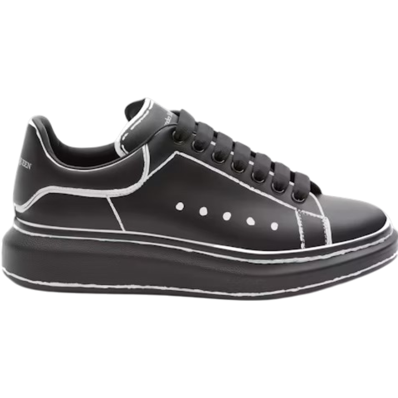 Alexander-McQueen-Oversized-Black-White-Outline Alexander McQueen Oversized sneakers feature a sleek black calf leather upper contrasted by a bold white outline - Image 1