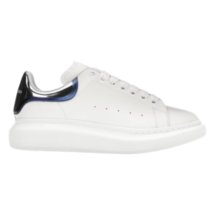 Alexander McQueen Oversized Sneakers in white leather featuring a blue metallic heel counter