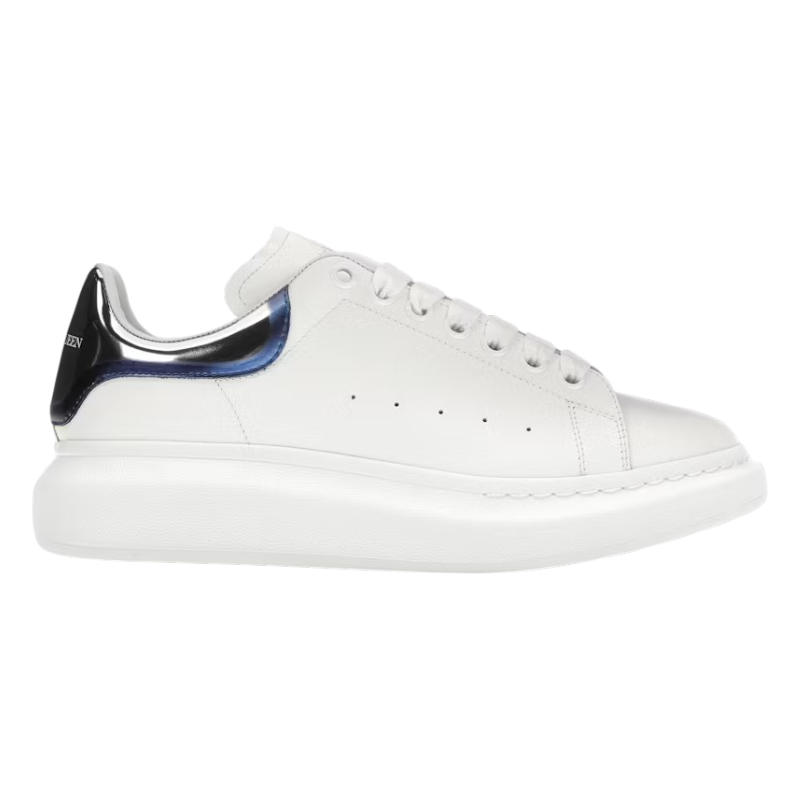 Alexander-McQueen-Oversized-White-Chrome-Product Alexander McQueen Oversized Sneakers in white leather featuring a blue metallic heel counter - Image 1