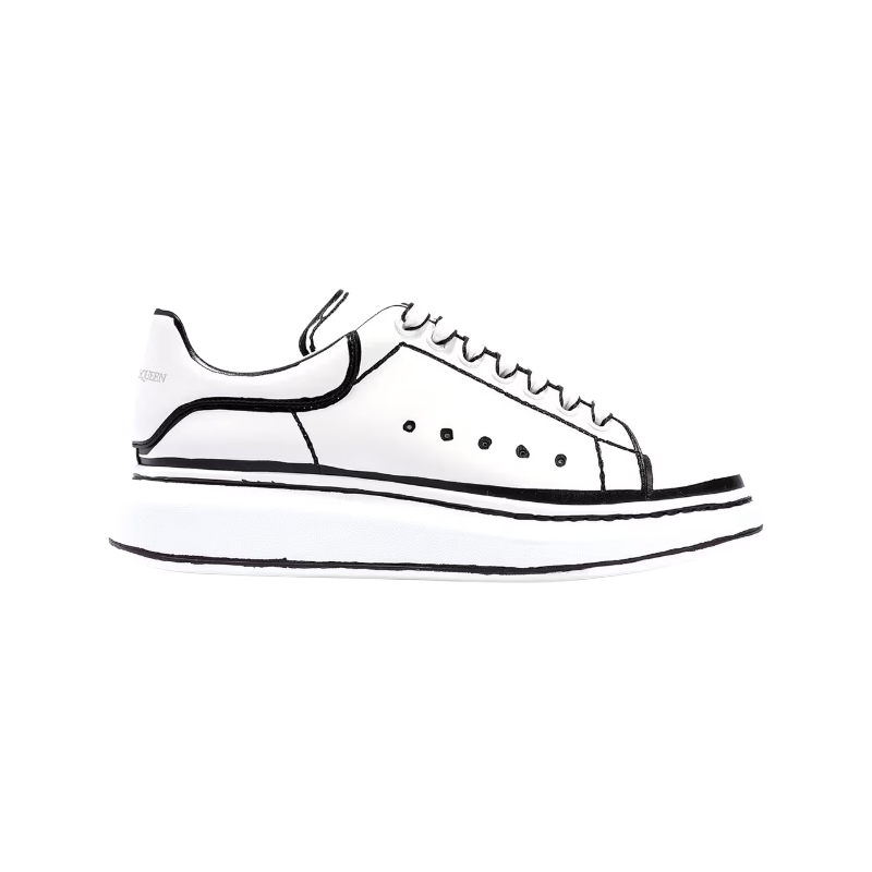 https___hypebeast.com_image_2020_08_alexander-mcqueen-oversized-sneaker-white-black-marker-pen-diy-sharpie-design-release-1 Alexander McQueen Oversized Sneakers featuring a white leather upper with a distinctive black "marker pen" outline design - Image 1