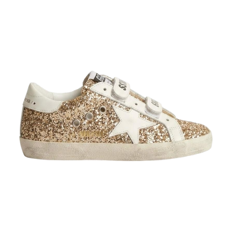 WhatsApp Image 2026-06-19 at 6.45.23 PM (1) Golden Goose Old School sneakers with a glossy gold finish and two practical Velcro straps - Image 1